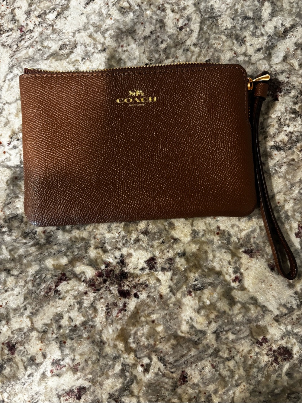 Coach Brown Pebbled Leather Wristlet with Gold Logo